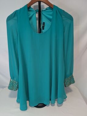 Cals Women's Small Teal Flowing Long-Sleeve Blouse with Studded Cuffs